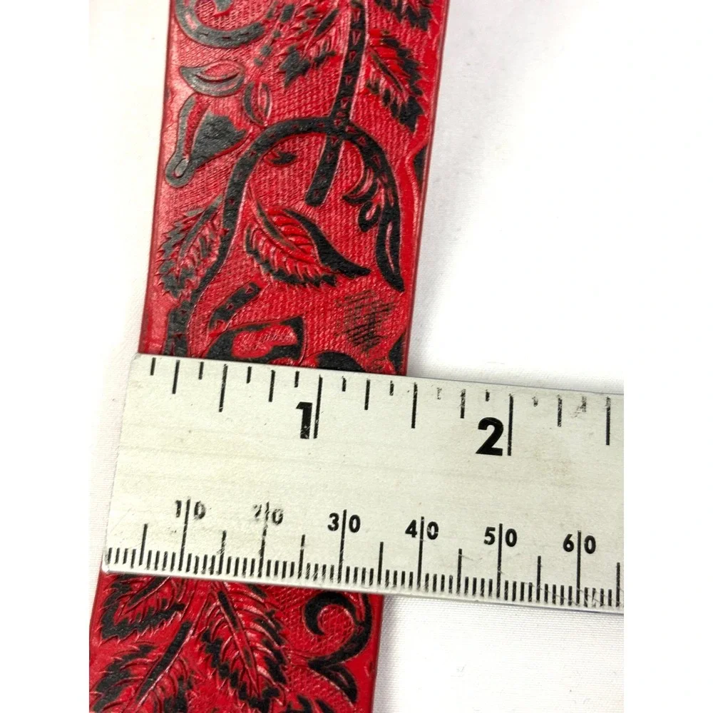 Red Floral Tooled Leather Belt Strap Only Black Rose Pattern M/L Women's Western